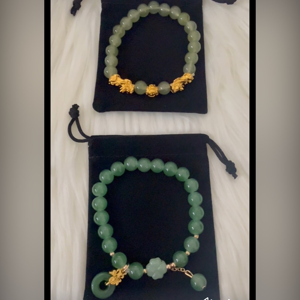 Green Beaded Bracelets with Gold Accents